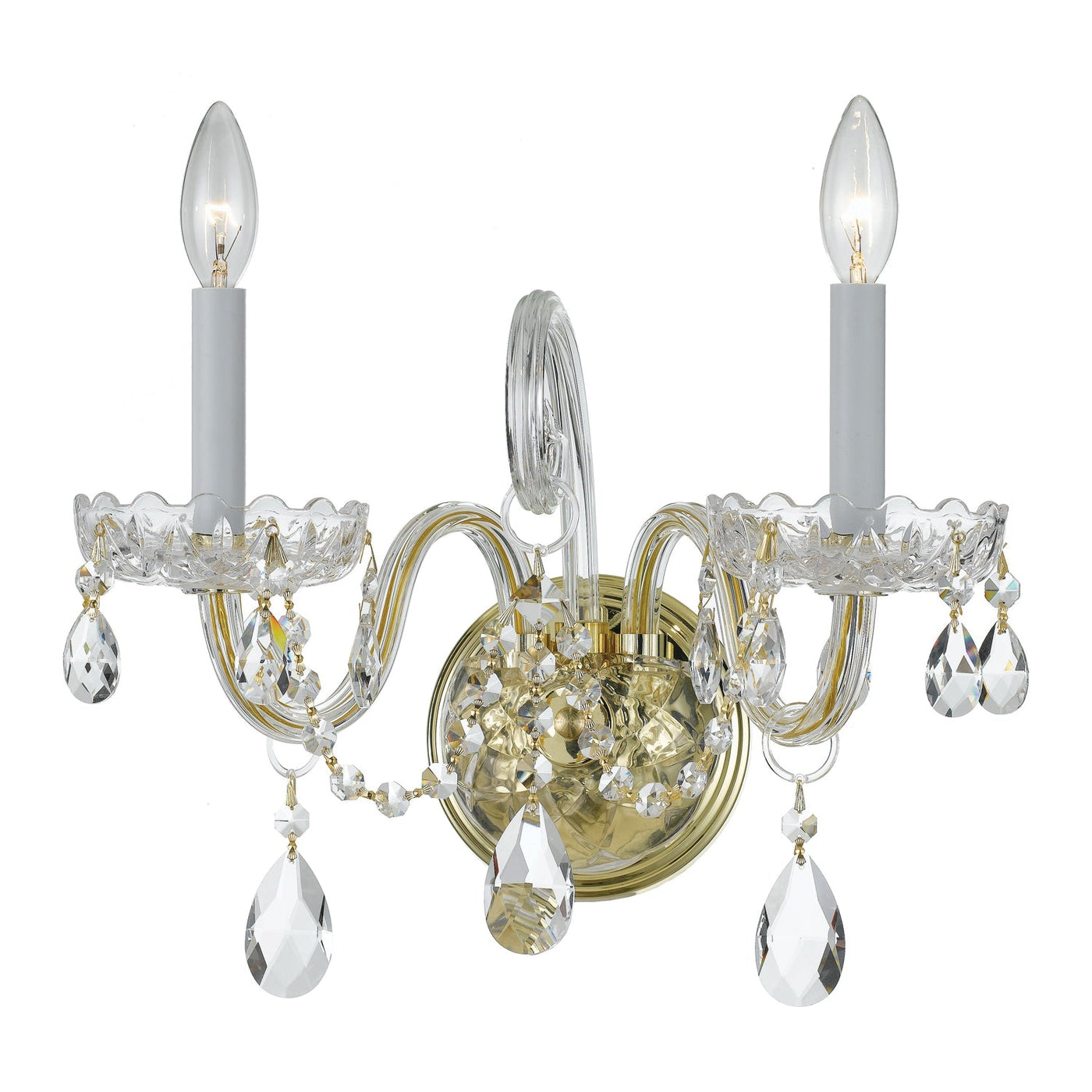 ##Antique Hardware## Traditional Crystal 2 Light Hand Cut Crystal Polished Brass Sconce