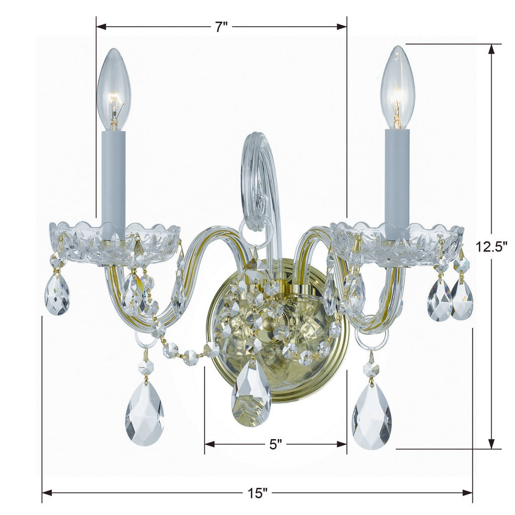 ##Antique Hardware## Traditional Crystal 2 Light Hand Cut Crystal Polished Brass Sconce