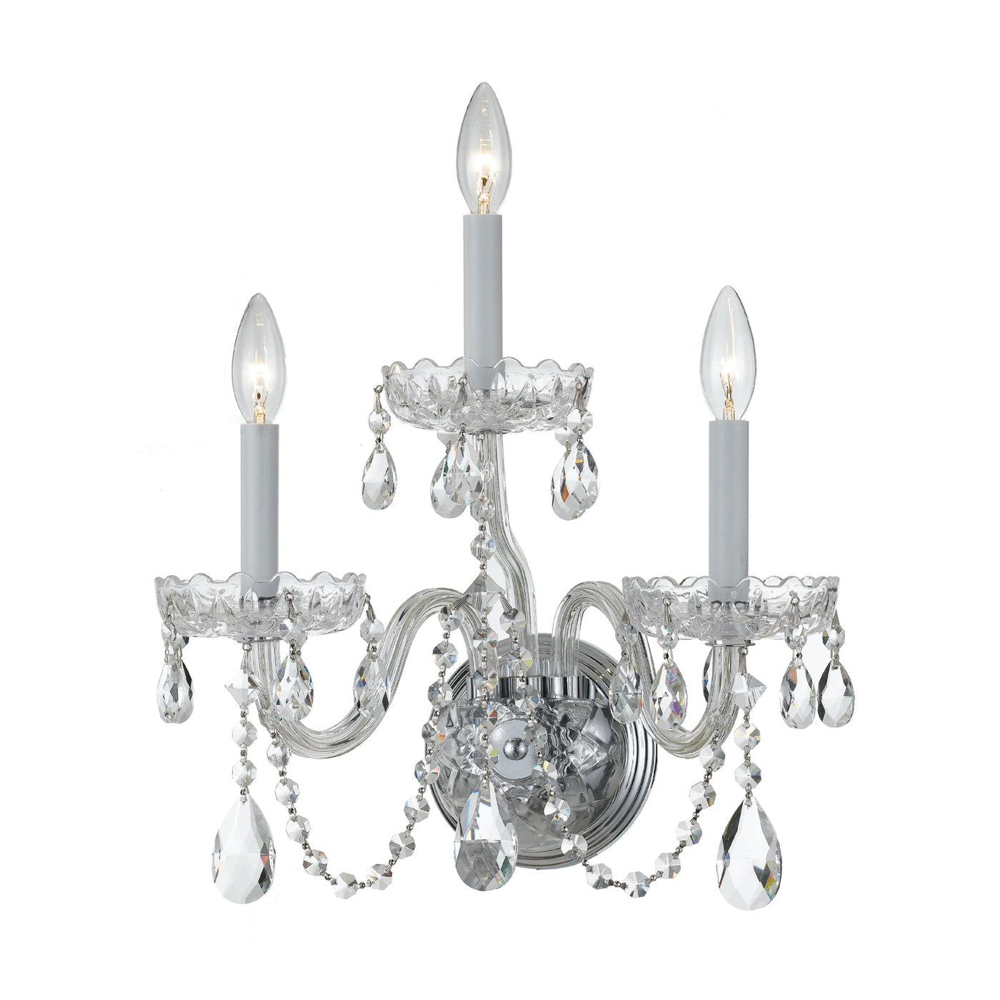 ##Antique Hardware## Traditional Crystal 3 Light Hand Cut Crystal Polished Chrome Sconce