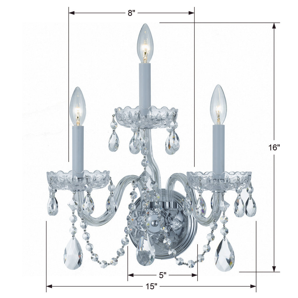 ##Antique Hardware## Traditional Crystal 3 Light Hand Cut Crystal Polished Chrome Sconce