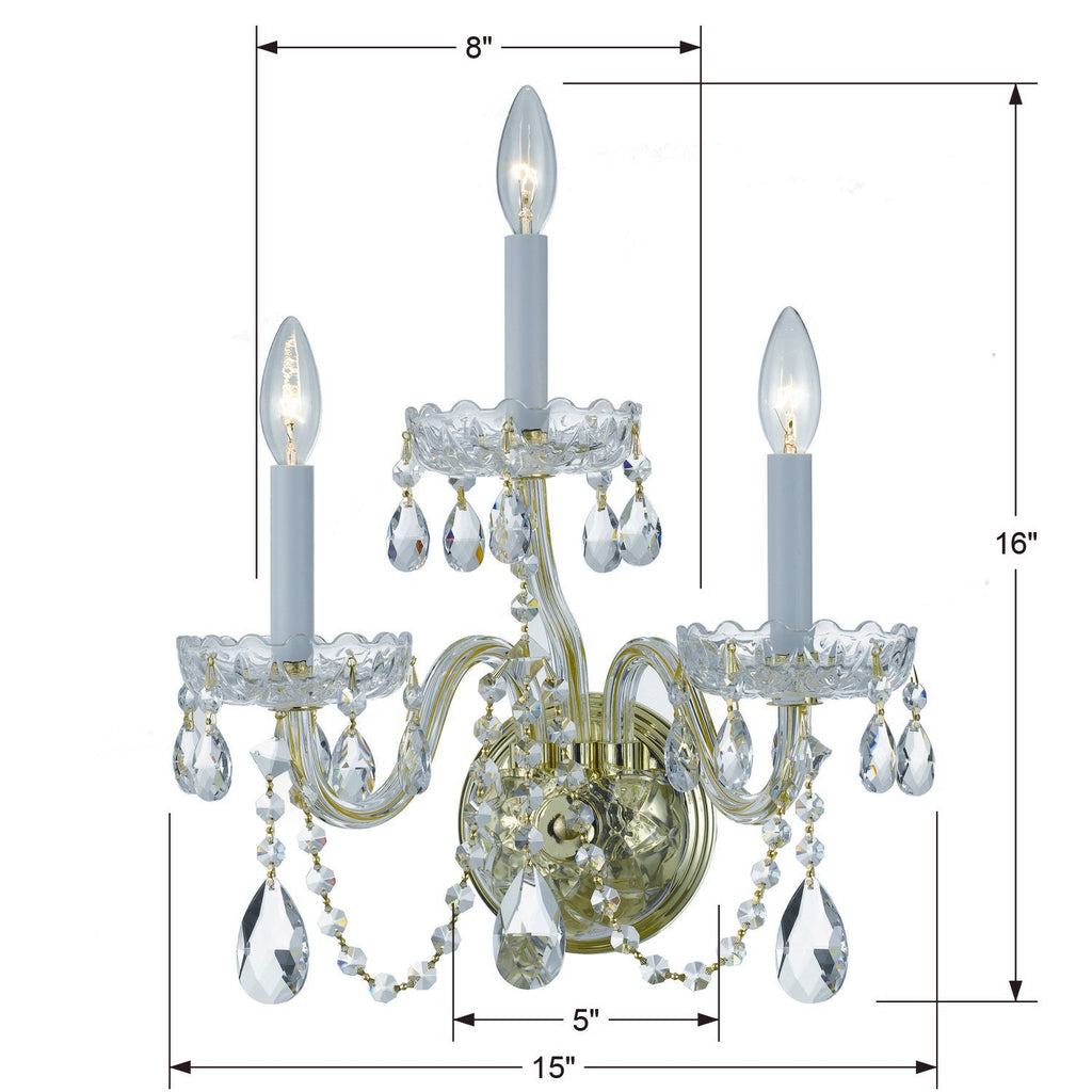 ##Antique Hardware## Traditional Crystal 3 Light Hand Cut Crystal Polished Brass Sconce