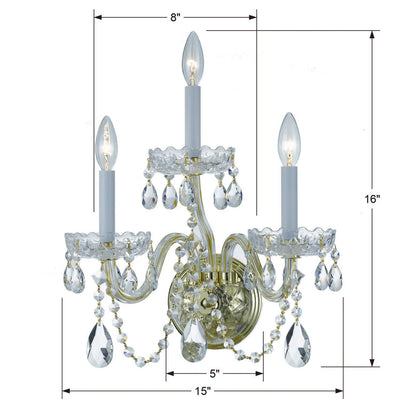 ##Antique Hardware## Traditional Crystal 3 Light Spectra Crystal Polished Brass Sconce