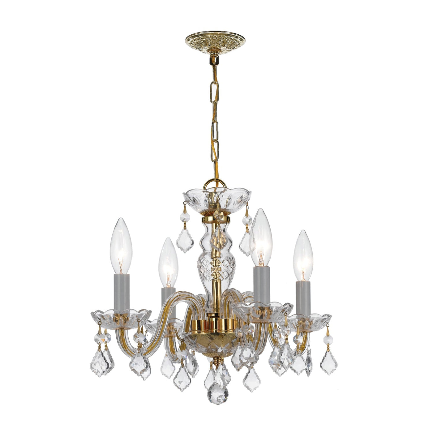 ##Antique Hardware## Traditional Crystal 4 Light Clear Italian Crystal Polished Brass Mini Chandelier