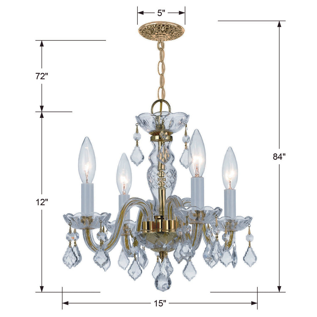 ##Antique Hardware## Traditional Crystal 4 Light Clear Italian Crystal Polished Brass Mini Chandelier