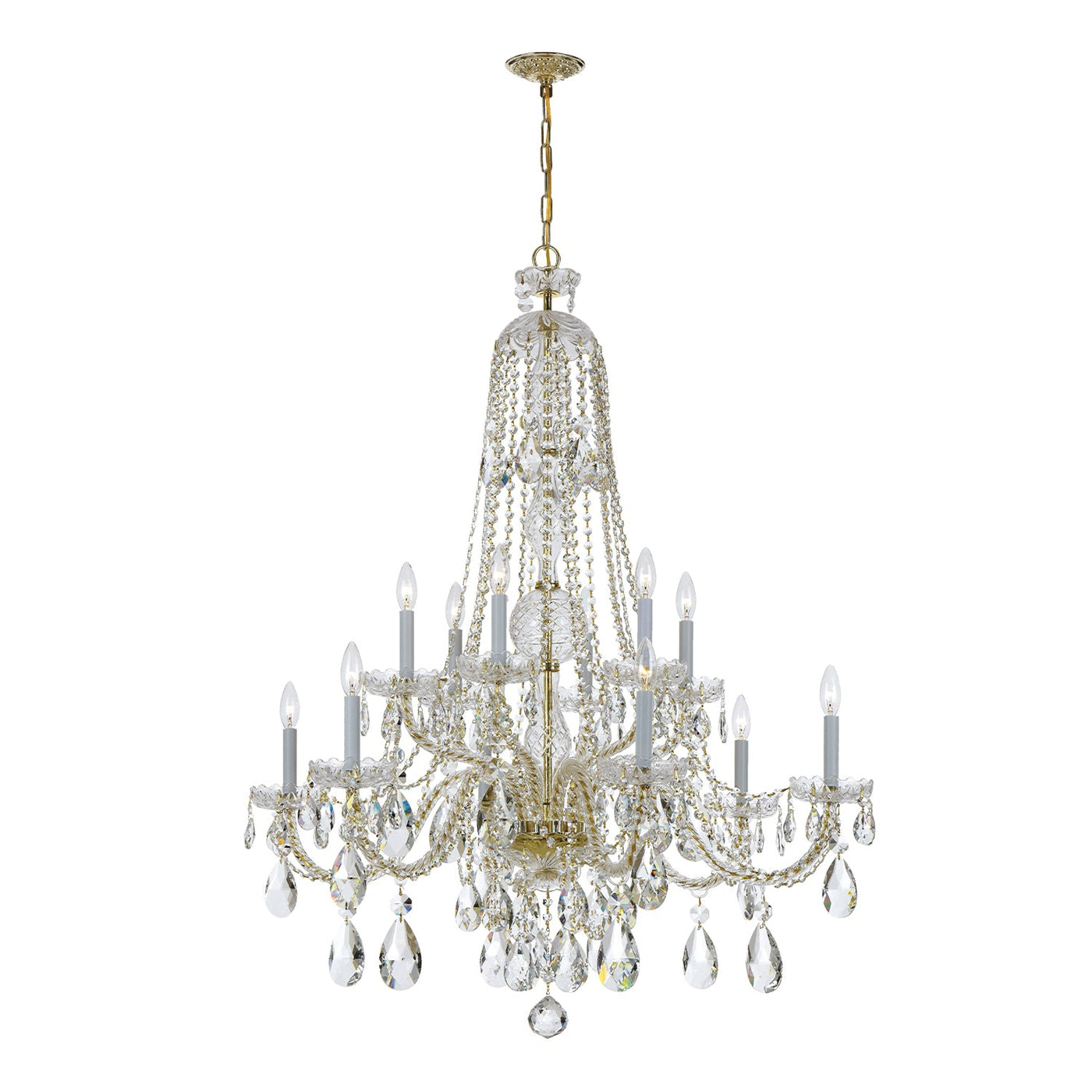 ##Antique Hardware## Traditional Crystal 12 Light Hand Cut Crystal Polished Brass Chandelier