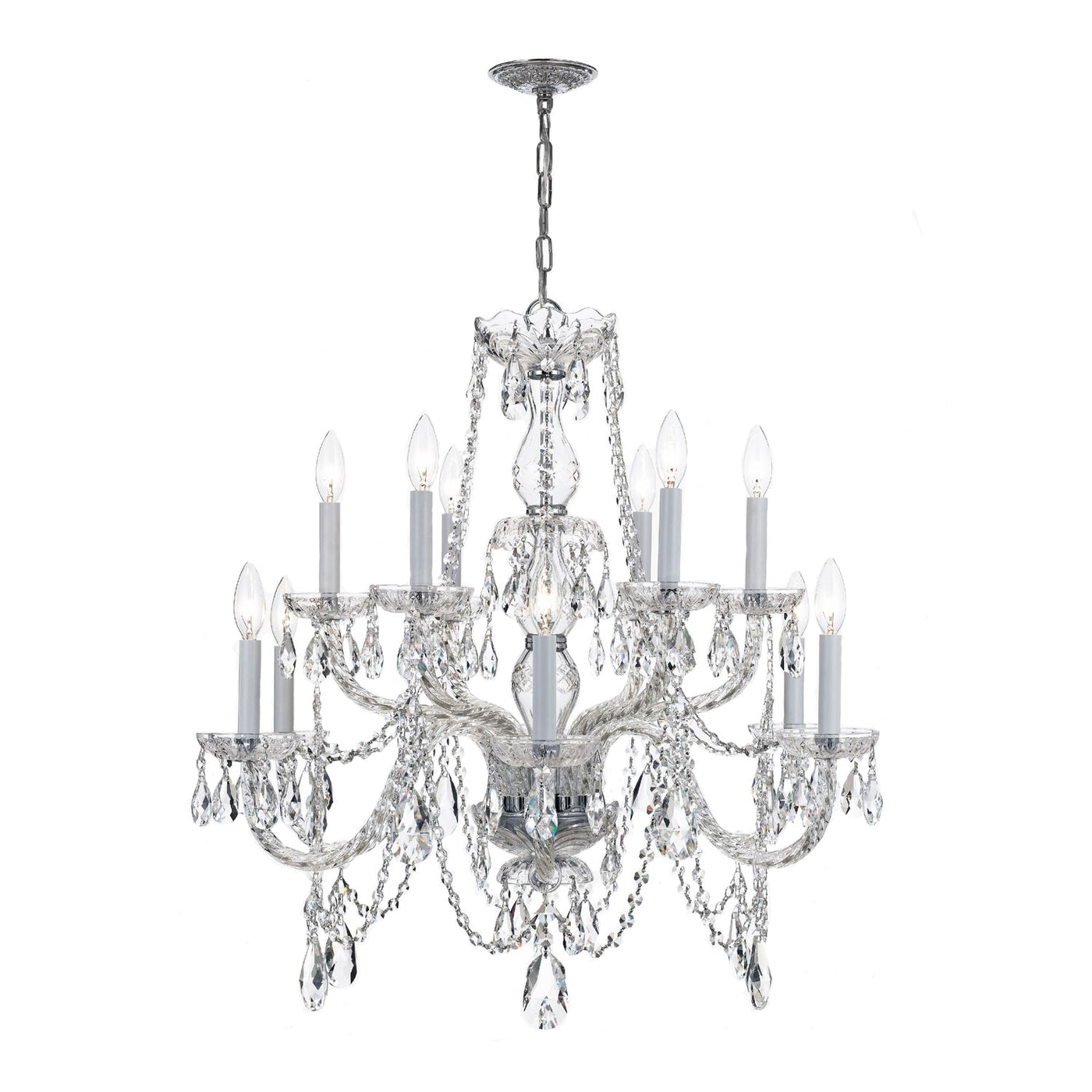 ##Antique Hardware## Traditional Crystal 12 Light Clear Italian Crystal Polished Chrome Chandelier