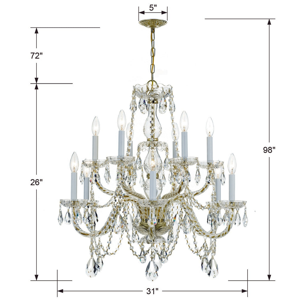 ##Antique Hardware## Traditional Crystal 12 Light Clear Italian Crystal Historic Polished Brass Chandelier