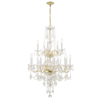 ##Antique Hardware## Traditional Crystal 15 Light Hand Cut Crystal Polished Brass Chandelier