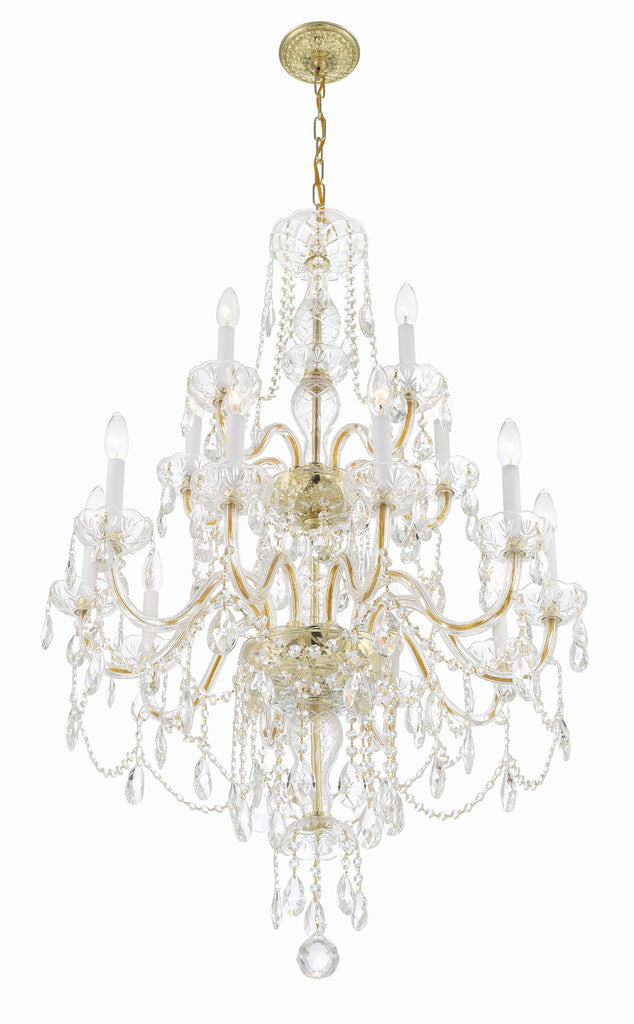 ##Antique Hardware## Traditional Crystal 15 Light Hand Cut Crystal Polished Brass Chandelier