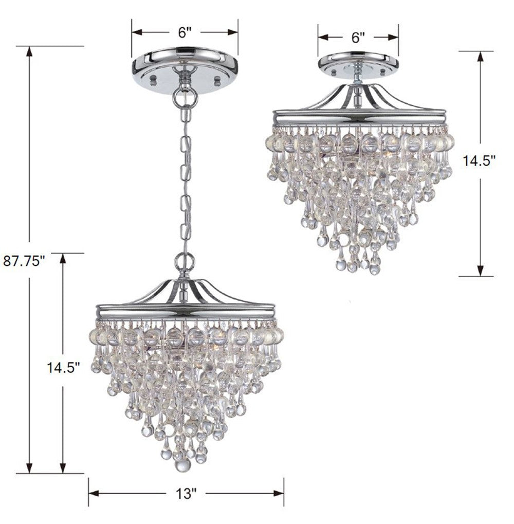 Antique Hardware Calypso 3 Light Crystal Teardrop Polished Chrome Semi Flush Mount Semi Flush