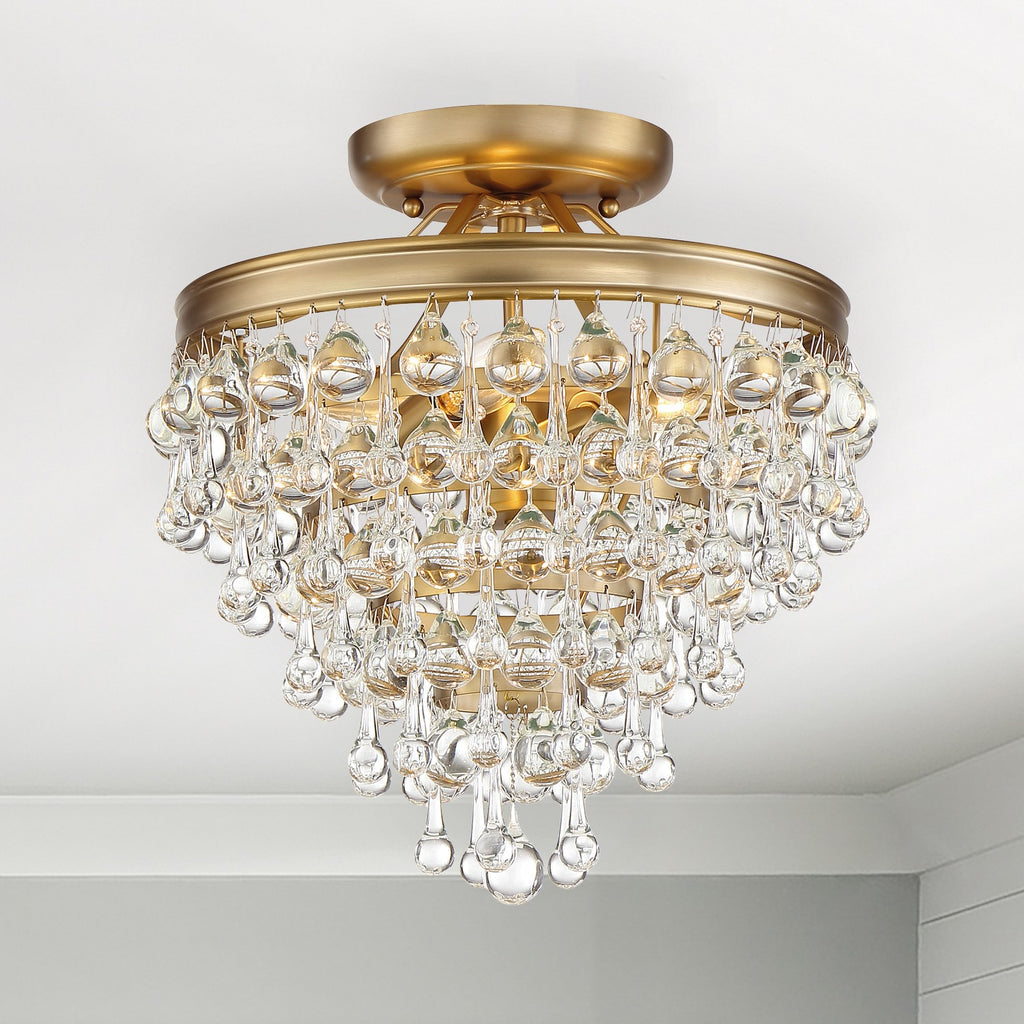 Antique Hardware Calypso 3 Light Crystal Teardrop Vibrant Gold Semi Flush Mount Semi Flush