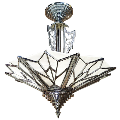 ##Antique Hardware## 17 Inch Classic Art Deco Close Ceiling Light with White Stained Glass (Polished Chrome Finish)