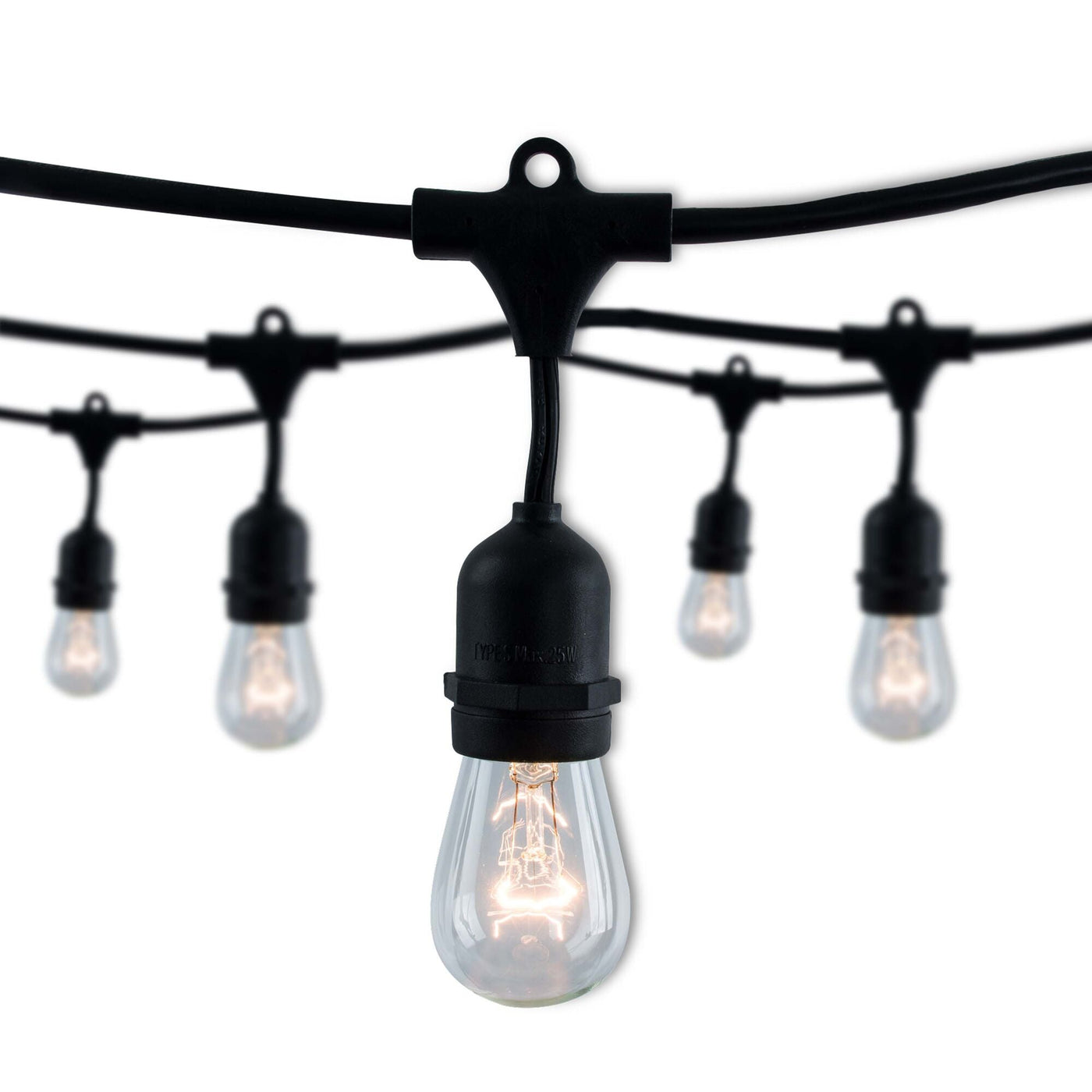 ##Antique Hardware## 30' String Light 12 Sockets 30" Spacing E26 Black Kit - W/11W S14 Clear Lamps