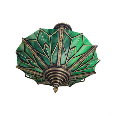 ##Antique Hardware## 17 Inch Classic Art Deco Close Ceiling Light with Deco Green Glass (Antique Brass Finish)