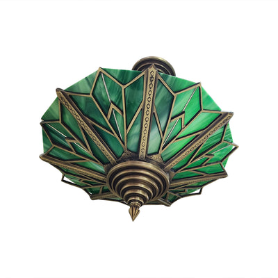 ##Antique Hardware## 17 Inch Classic Art Deco Close Ceiling Light with Deco Green Glass (Antique Brass Finish)