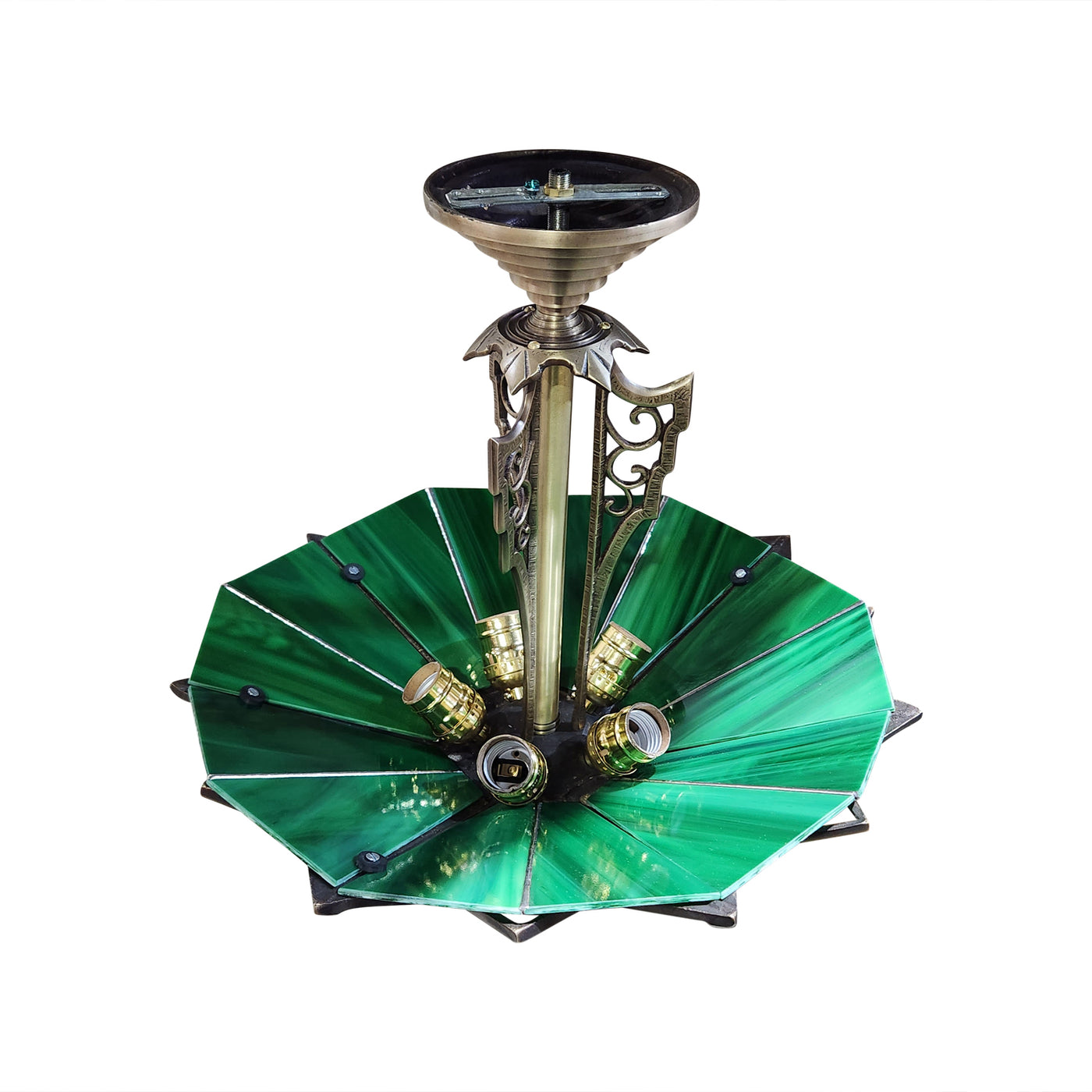 ##Antique Hardware## 17 Inch Classic Art Deco Close Ceiling Light with Deco Green Glass (Antique Brass Finish)