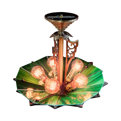 ##Antique Hardware## 17 Inch Classic Art Deco Close Ceiling Light with Deco Green Glass (Antique Brass Finish)