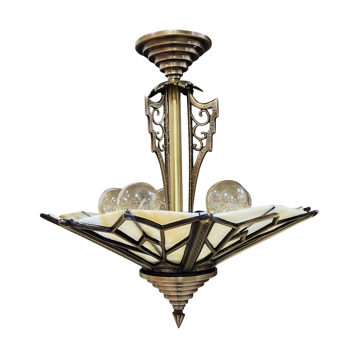 ##Antique Hardware## 17 Inch Classic Art Deco Close Ceiling Light with Pink Champagne Glass (Antique Brass Finish)