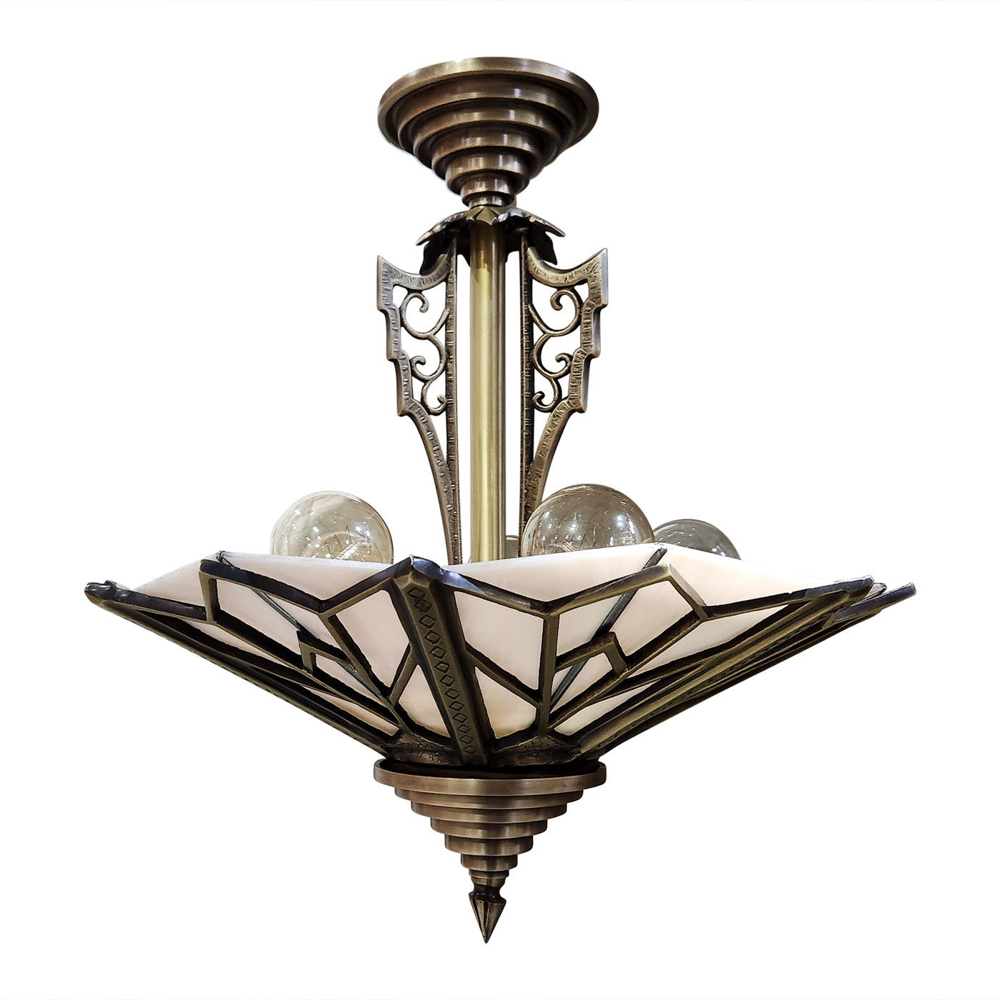 ##Antique Hardware## 17 Inch Classic Art Deco Close Ceiling Light with Pink Champagne Glass (Antique Brass Finish)