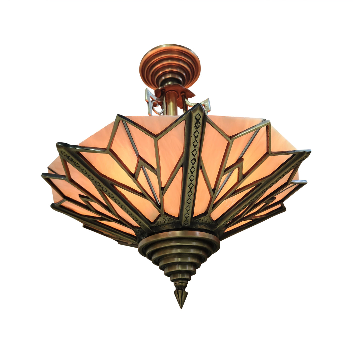 ##Antique Hardware## 17 Inch Classic Art Deco Close Ceiling Light with Pink Champagne Glass (Antique Brass Finish)