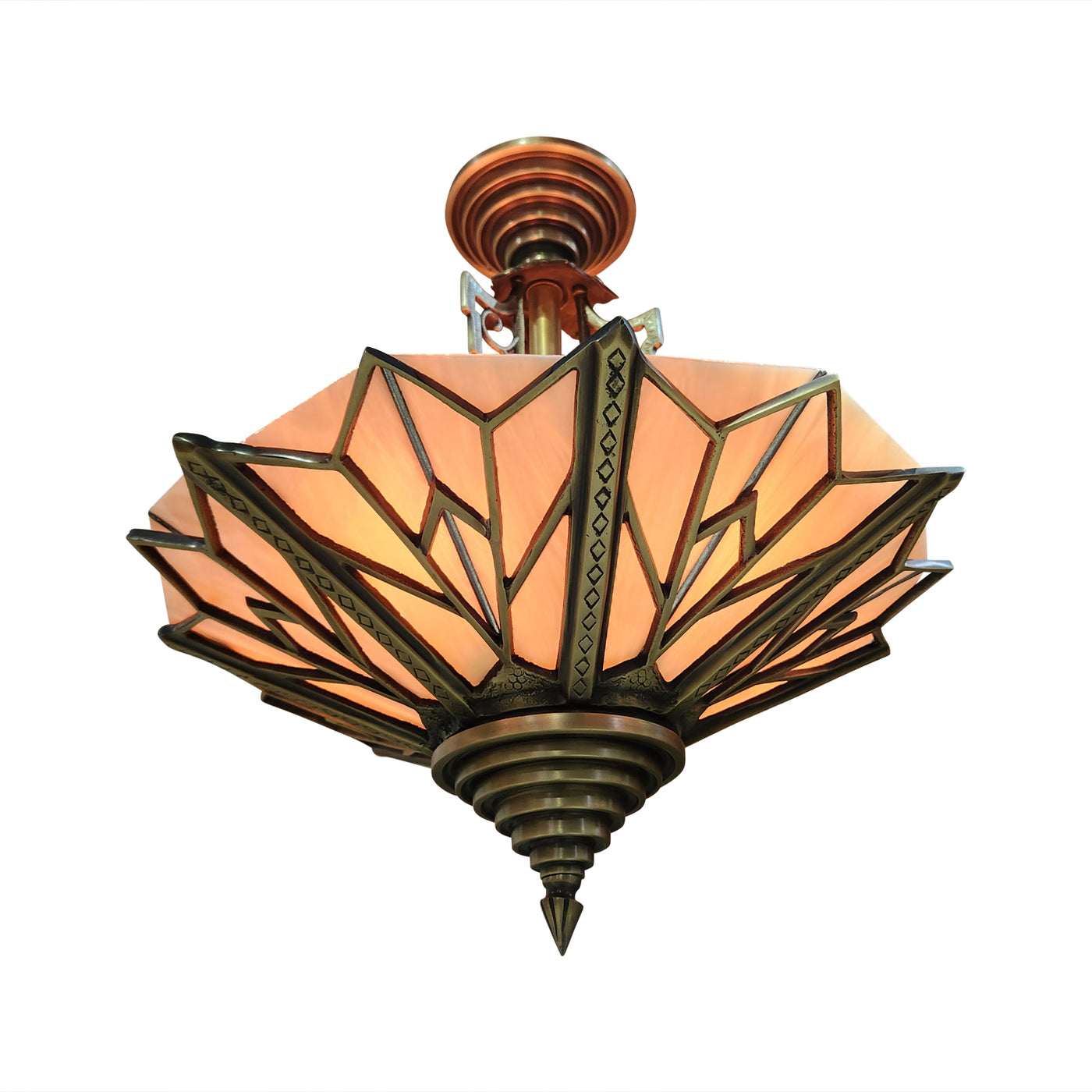 ##Antique Hardware## 17 Inch Classic Art Deco Close Ceiling Light with Pink Champagne Glass (Antique Brass Finish)