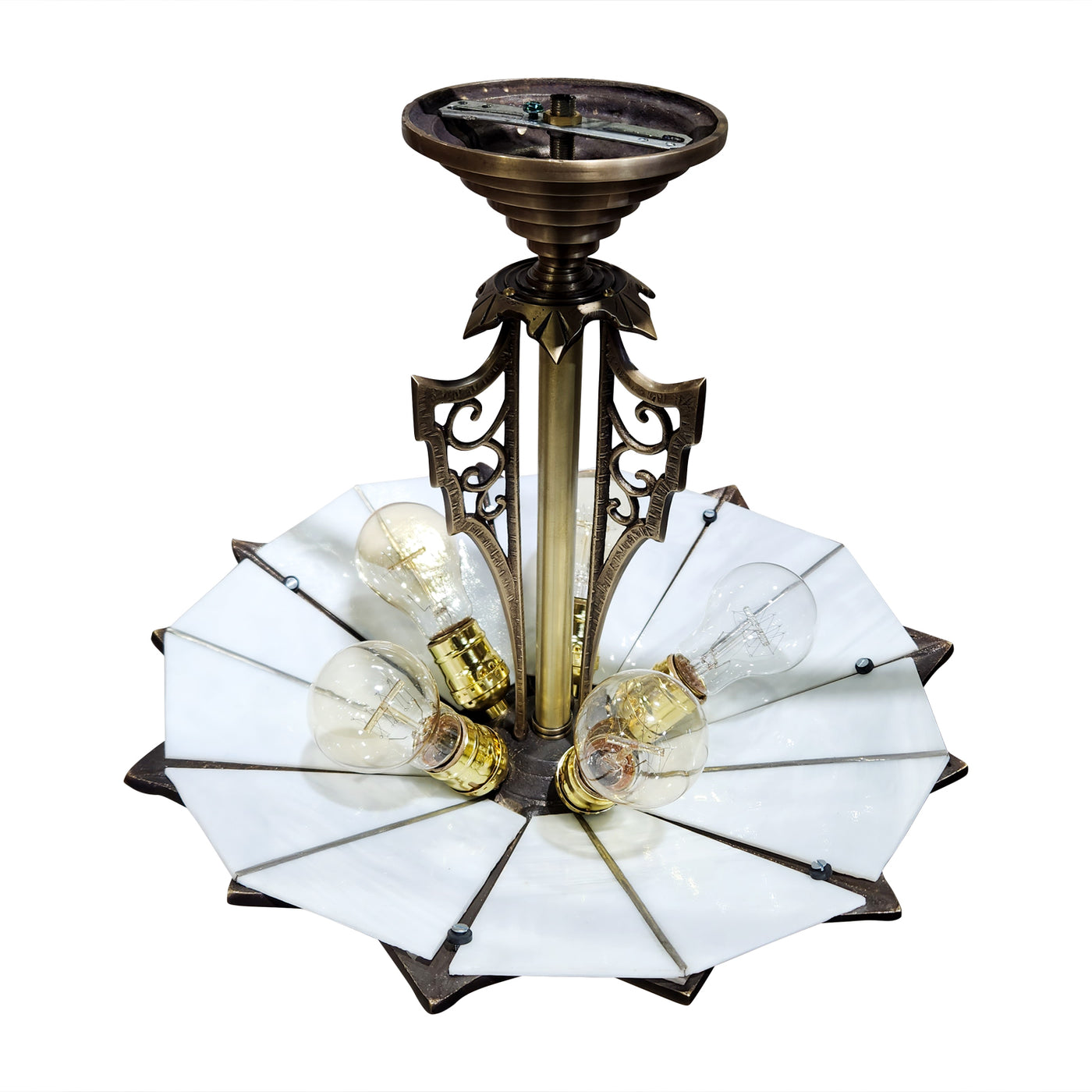 ##Antique Hardware## 17 Inch Classic Art Deco Close Ceiling Light with White Stained Glass (Antique Brass Finish)