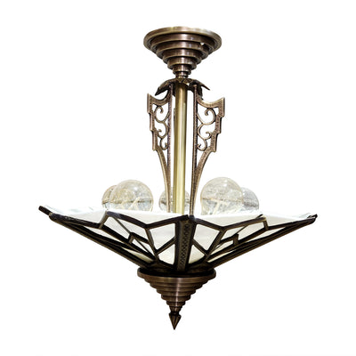 ##Antique Hardware## 17 Inch Classic Art Deco Close Ceiling Light with White Stained Glass (Antique Brass Finish)