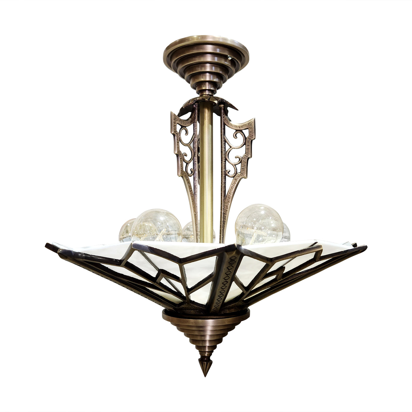 ##Antique Hardware## 17 Inch Classic Art Deco Close Ceiling Light with White Stained Glass (Antique Brass Finish)