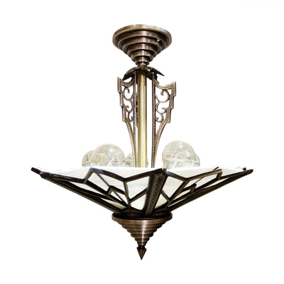 ##Antique Hardware## 17 Inch Classic Art Deco Close Ceiling Light with White Stained Glass (Antique Brass Finish)