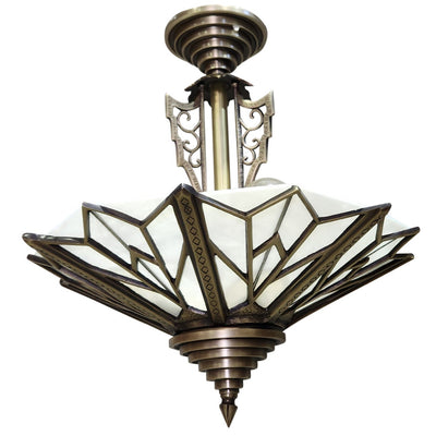 ##Antique Hardware## 17 Inch Classic Art Deco Close Ceiling Light with White Stained Glass (Antique Brass Finish)