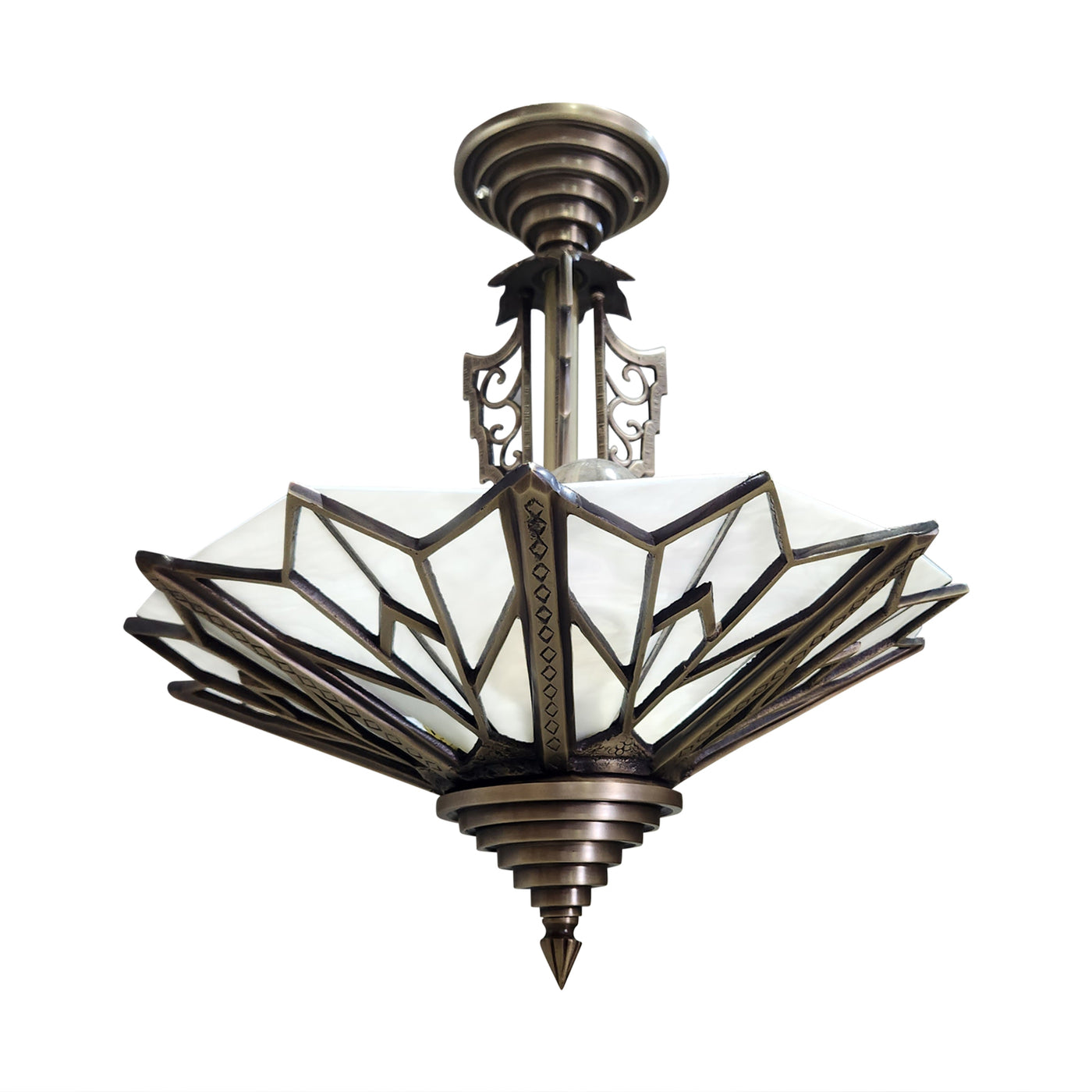 ##Antique Hardware## 17 Inch Classic Art Deco Close Ceiling Light with White Stained Glass (Antique Brass Finish)