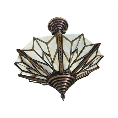 ##Antique Hardware## 17 Inch Classic Art Deco Close Ceiling Light with White Stained Glass (Antique Brass Finish)