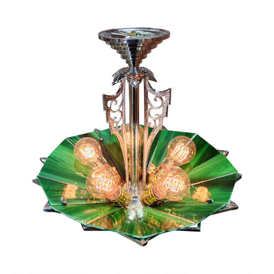 ##Antique Hardware## 17 Inch Classic Art Deco Close Ceiling Light with Deco Green Glass (Polished Chrome Finish)