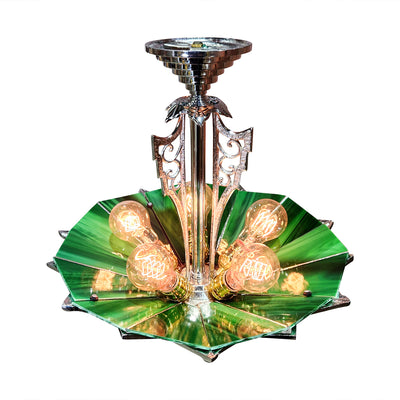 ##Antique Hardware## 17 Inch Classic Art Deco Close Ceiling Light with Deco Green Glass (Polished Chrome Finish)