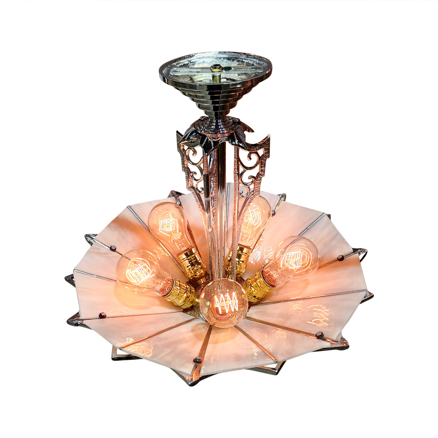 ##Antique Hardware## 17 Inch Classic Art Deco Close Ceiling Light with Pink Champagne Glass (Polished Chrome Finish)