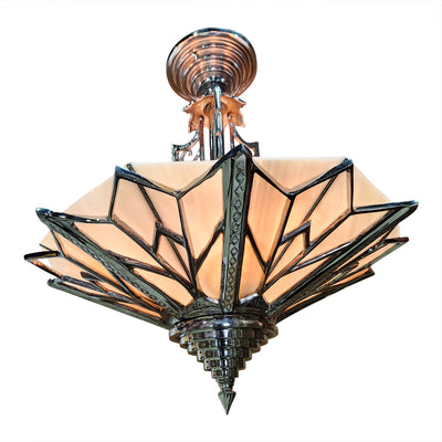 ##Antique Hardware## 17 Inch Classic Art Deco Close Ceiling Light with Pink Champagne Glass (Polished Chrome Finish)