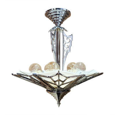 ##Antique Hardware## 17 Inch Classic Art Deco Close Ceiling Light with White Stained Glass (Polished Chrome Finish)