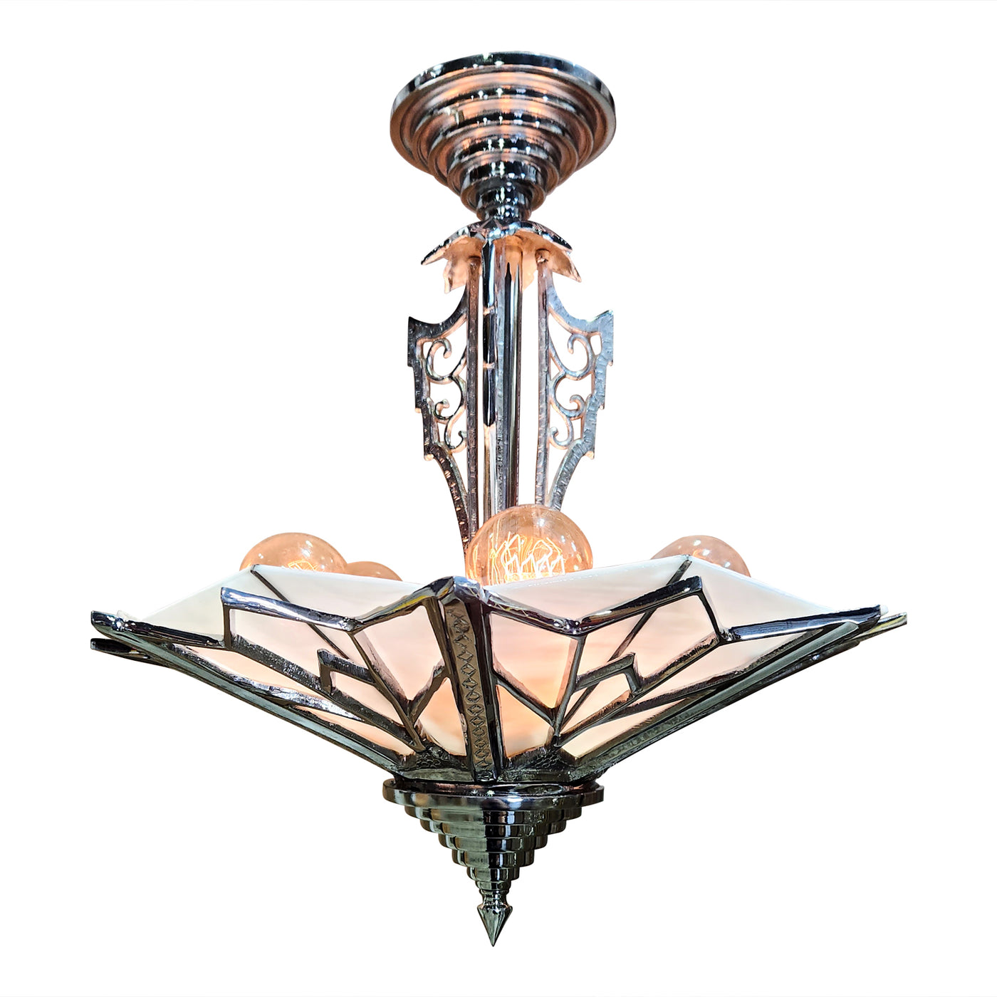 ##Antique Hardware## 17 Inch Classic Art Deco Close Ceiling Light with White Stained Glass (Polished Chrome Finish)