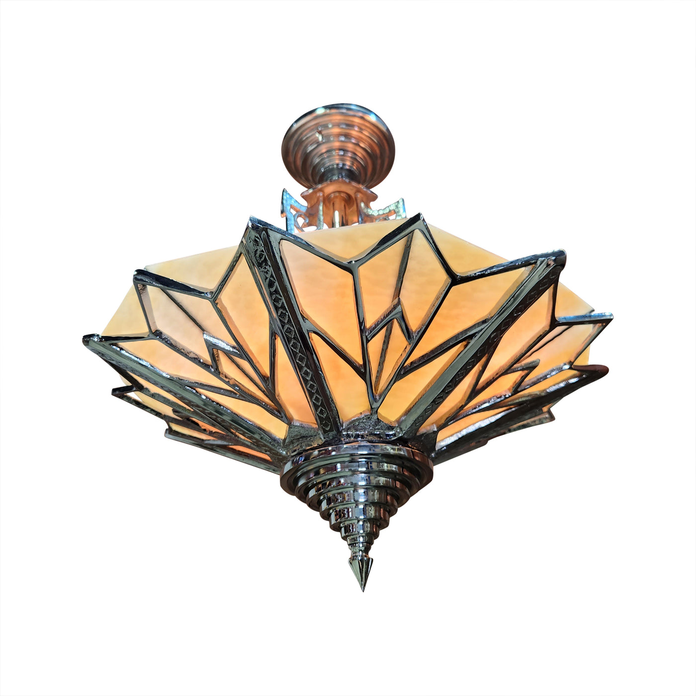 ##Antique Hardware## 17 Inch Classic Art Deco Close Ceiling Light with Amber Glass (Polished Chrome Finish)