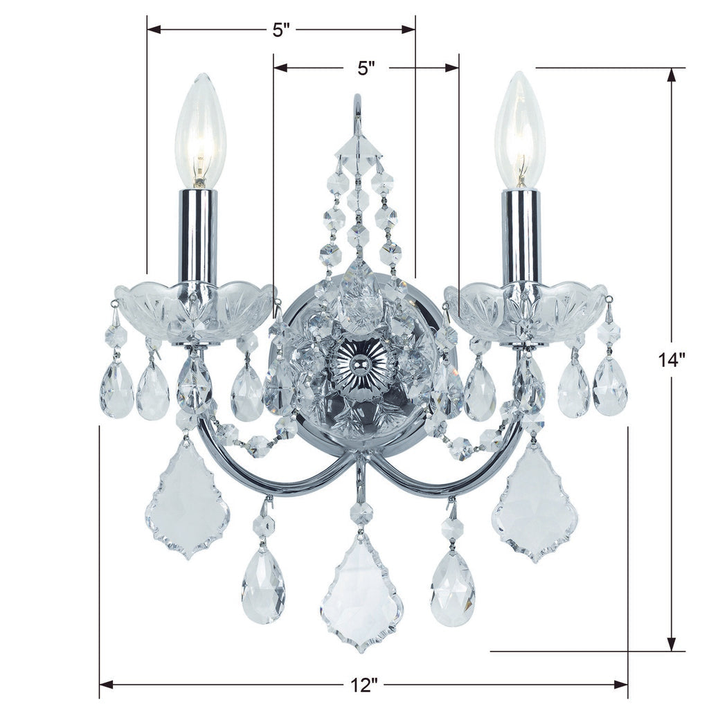 ##Antique Hardware## Imperial 2 Light Clear Italian Crystal Polished Chrome Sconce