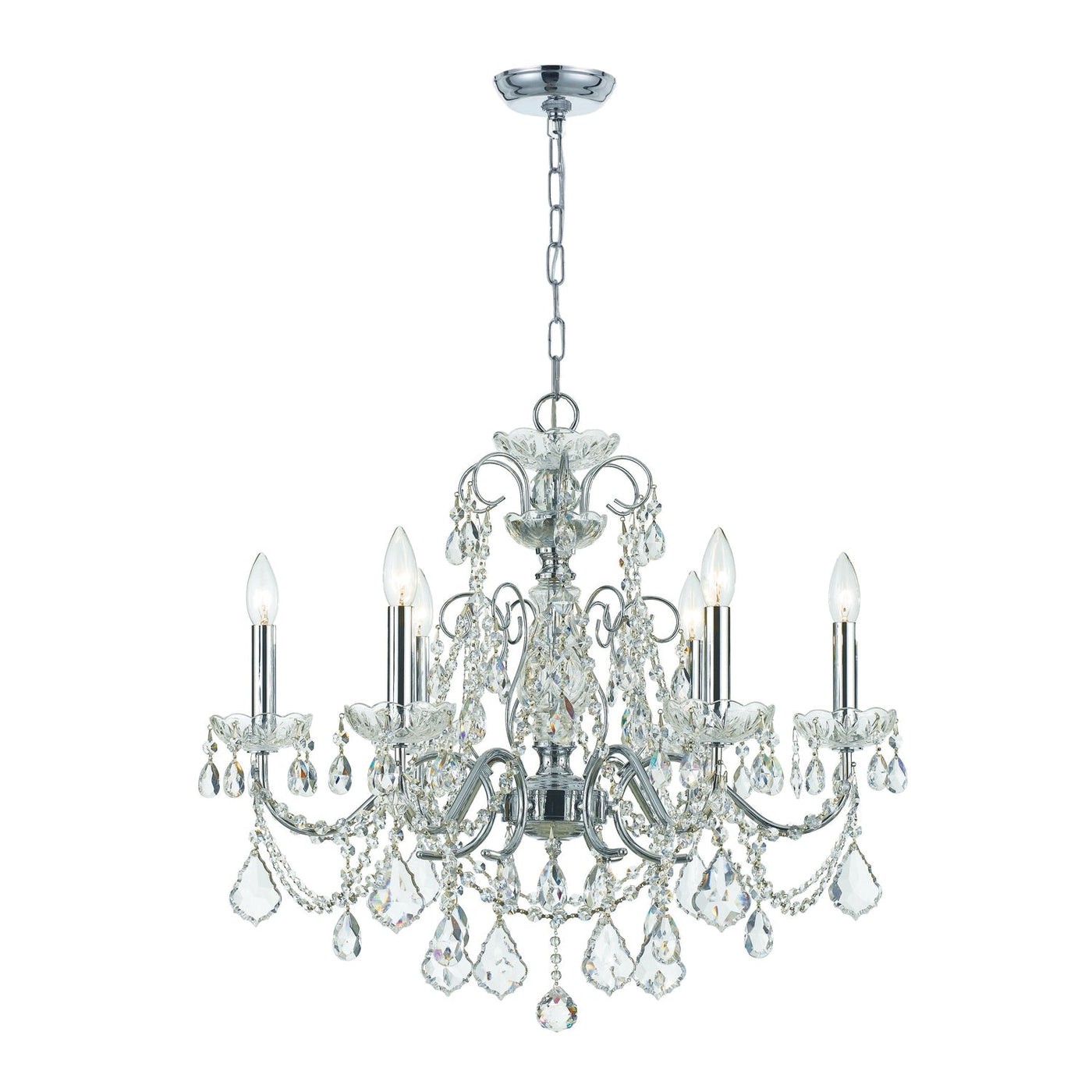 ##Antique Hardware## Imperial 6 Light Hand Cut Crystal Polished Chrome Chandelier