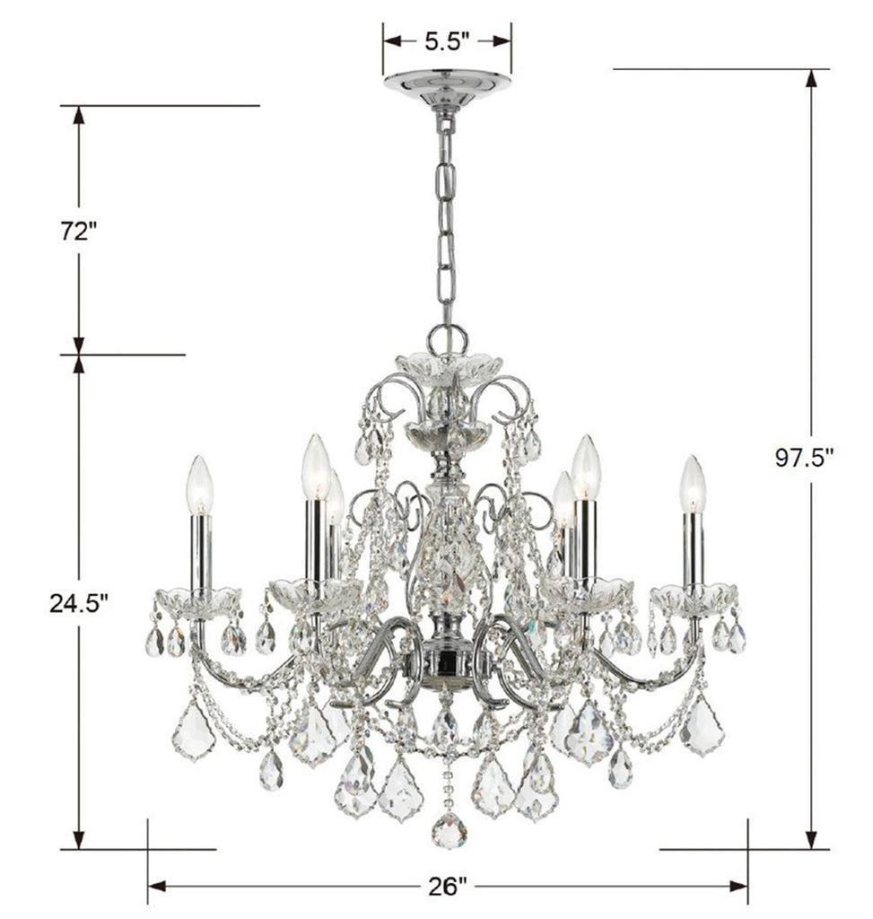 ##Antique Hardware## Imperial 6 Light Clear Italian Crystal Polished Chrome Chandelier