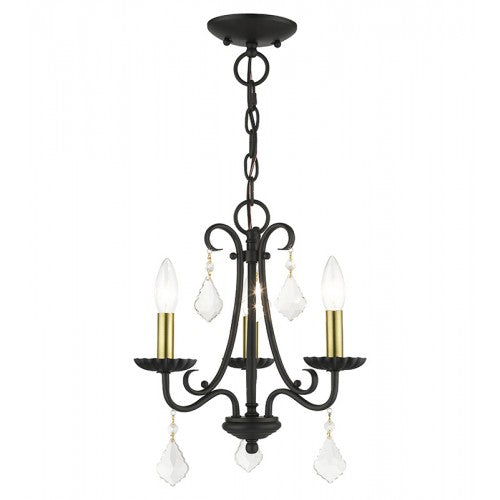 Antique Hardware 3 Light Black Mini Chandelier with Antique Brass Finish Accents and Clear Crystals Chandelier