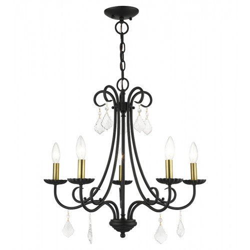 Antique Hardware 5 Light Black Chandelier with Antique Brass Finish Accents and Clear Crystals Chandelier