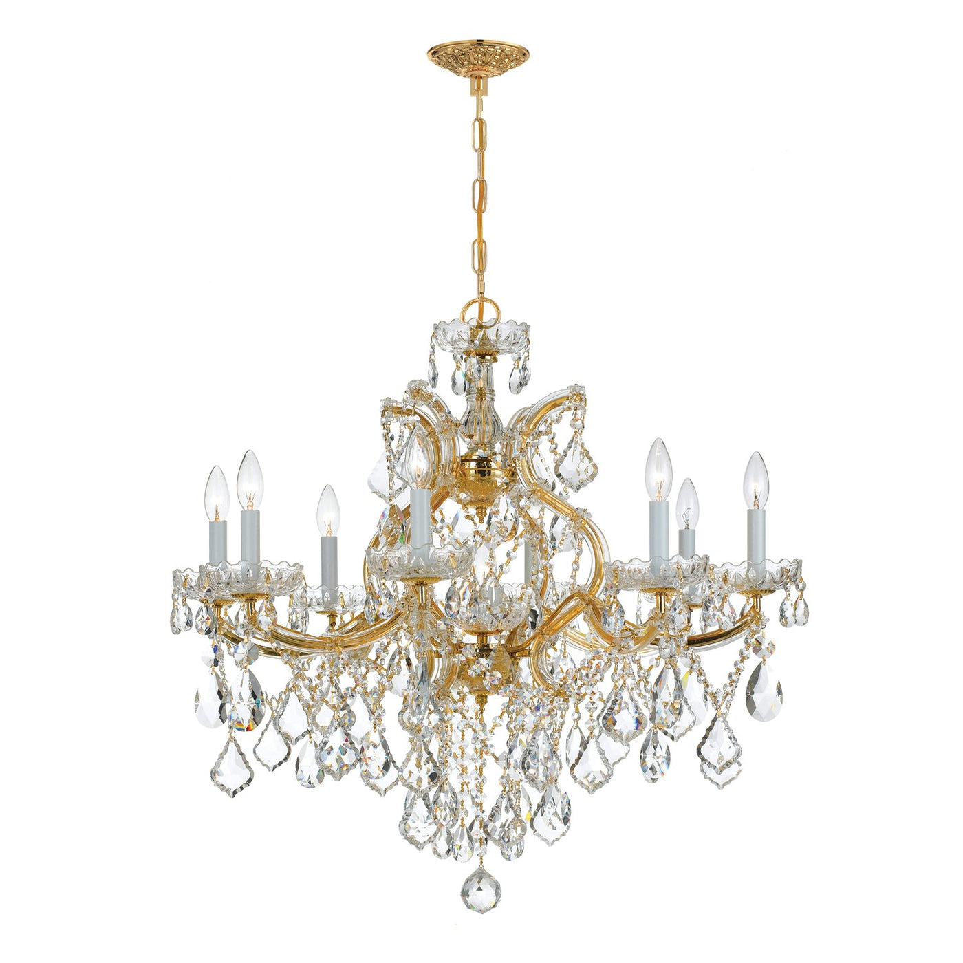 ##Antique Hardware## Maria Theresa 9 Light Spectra Crystal Gold Chandelier