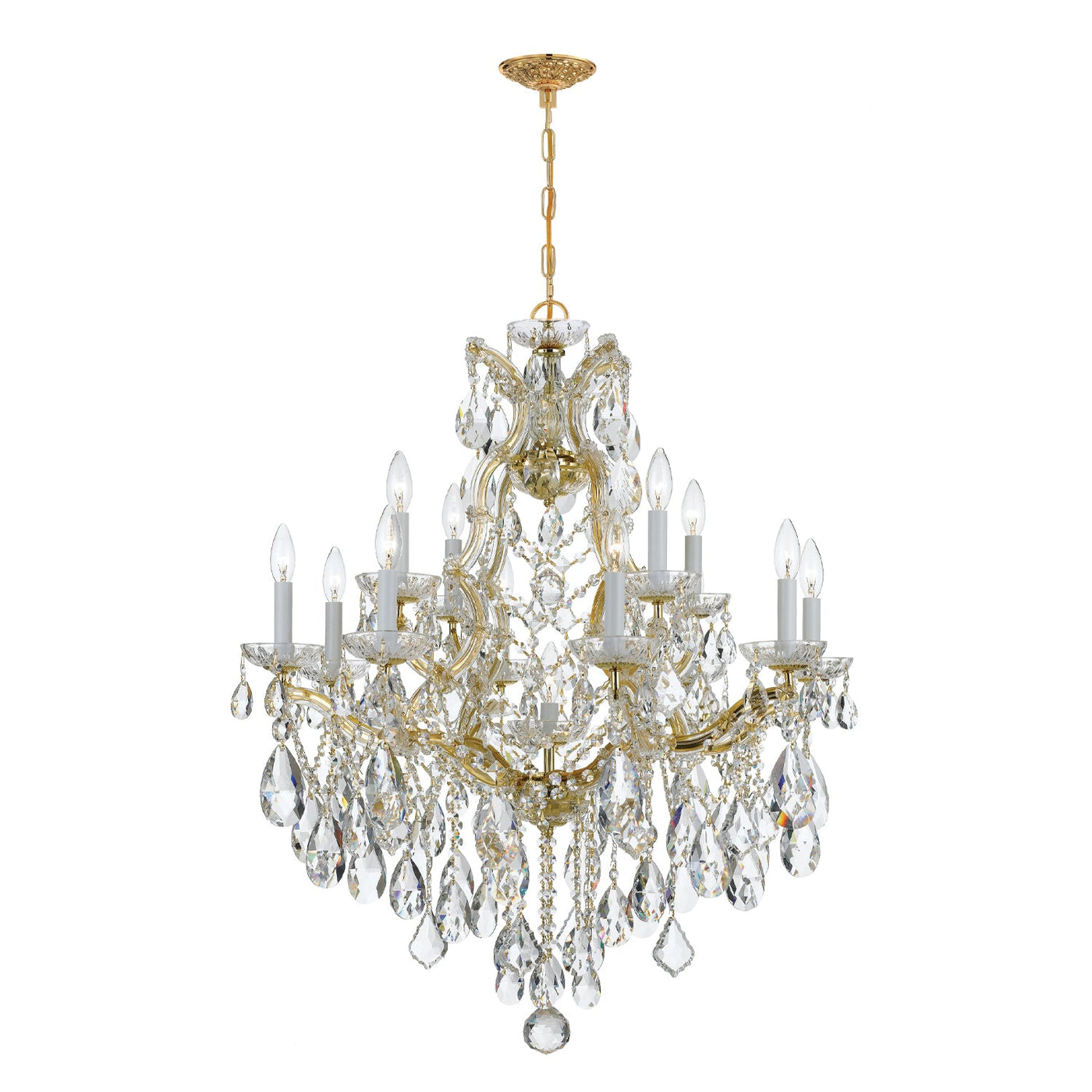 ##Antique Hardware## Maria Theresa 13 Light Spectra Crystal Gold Chandelier