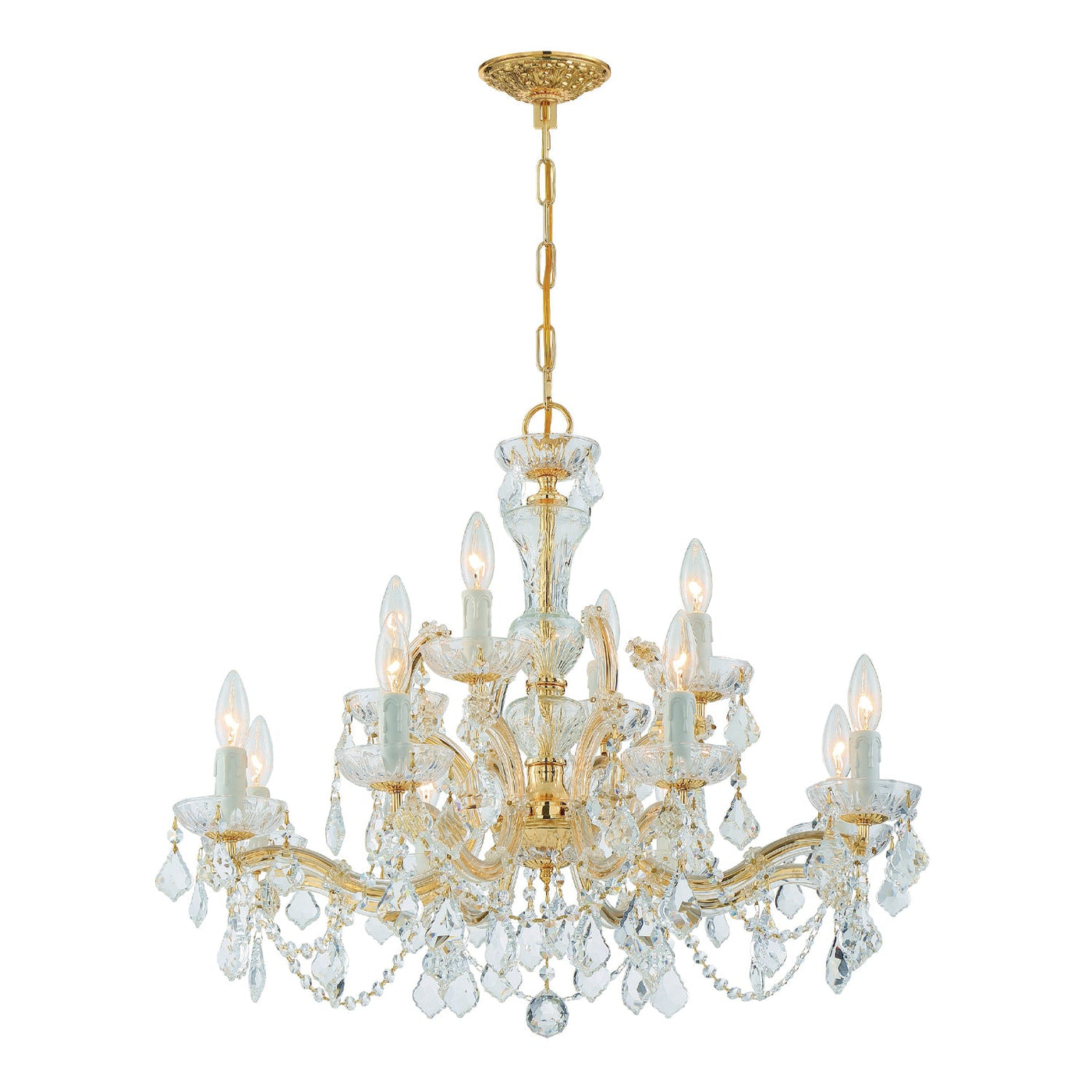 ##Antique Hardware## Maria Theresa 12 Light Spectra Crystal Gold Chandelier