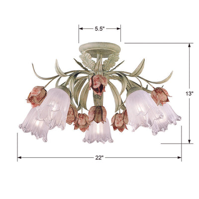 ##Antique Hardware## Southport 5 Light Sage Rose Floral Semi Flush Mount