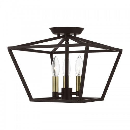 Antique Hardware 3 Light Bronze with Antique Brass Accents Square Semi-Flush Semi Flush