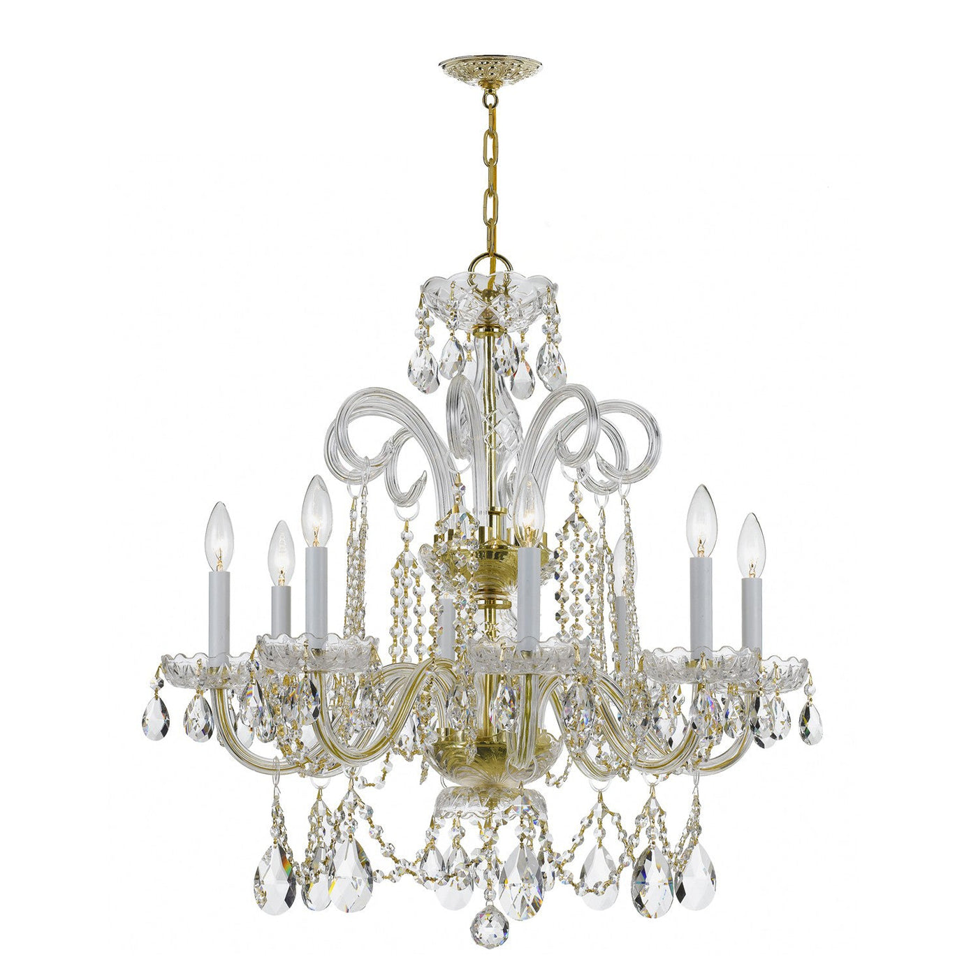 ##Antique Hardware## Traditional Crystal 8 Light Hand Cut Crystal Polished Brass Chandelier